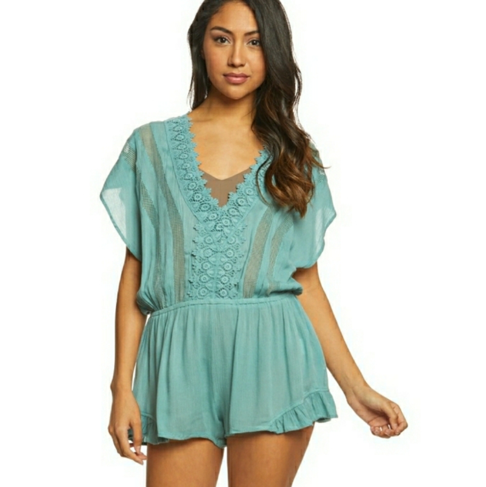 O'Neill Teal Crochet Gauze Romper Playsuit